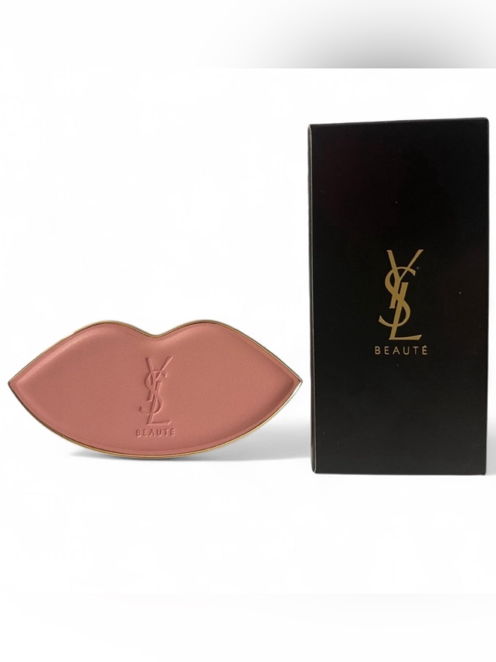 Authentic Yves Saint Laurent Beaute Pink Lip-Shaped Mirror with Gold Trim